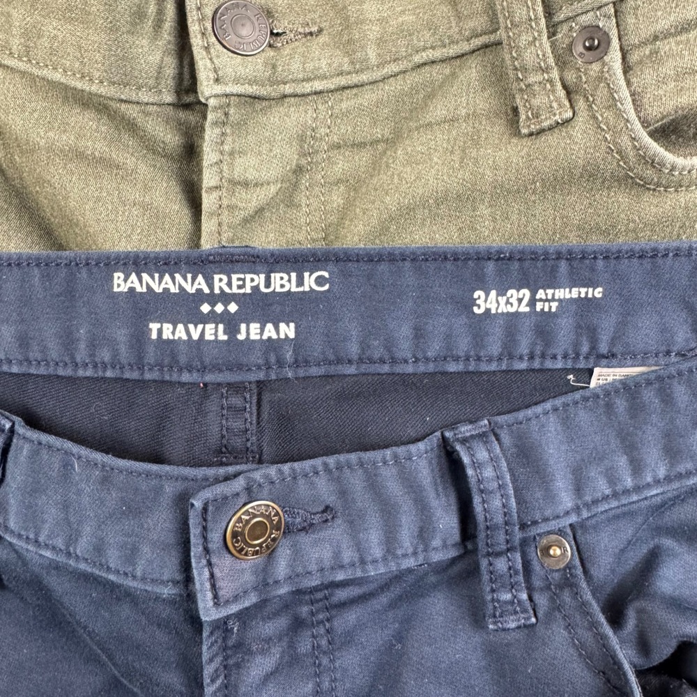 Banana Republic Travel Jean Lot Mens 34x32 Athletic Slim Fit Navy Green Gray 3pk - Picture 2 of 16